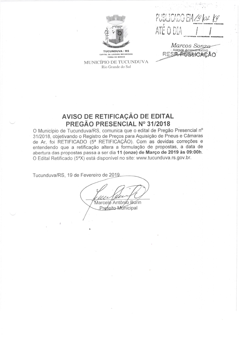AVISO DE 5ª RETIFICAÇÃO - PREGÃO PRESENCIAL 31_2018 SRP AQUISIÇÃO DE PNEUS E CÂMARAS DE AR